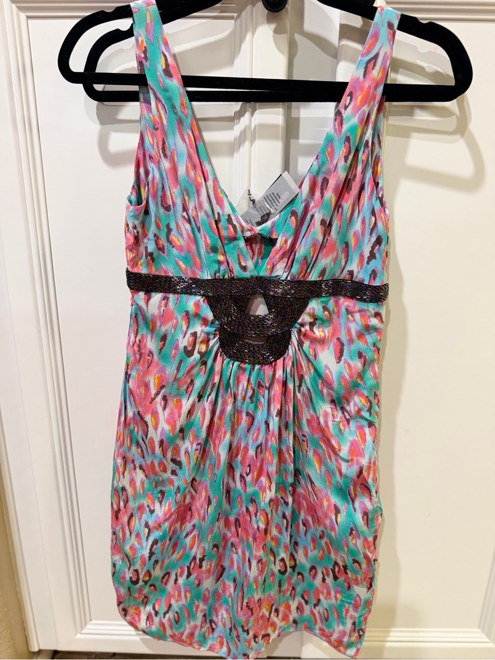 New Turquoise Pink Multicolor Printed Sleeveless Dress with Black Waist Trim